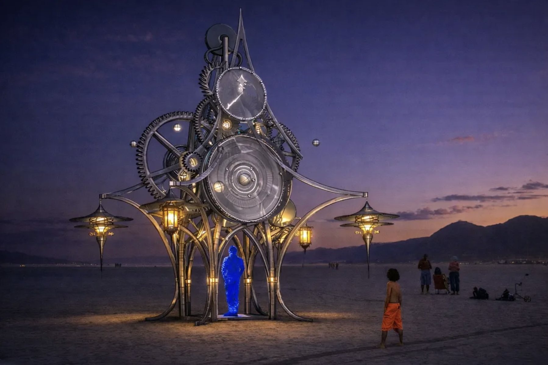 The Sound of Time, a kinetic clock tower sculpture lit at dusk on the playa